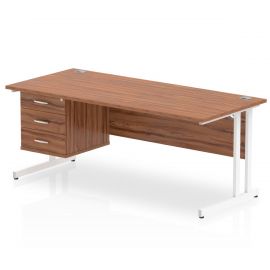 Impulse 1800 x 800mm Straight Desk Walnut Top White Cantilever Leg 1 x 3 Drawer Fixed Pedestal