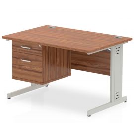 Impulse 1200 x 800mm Straight Desk Walnut Top Silver Cable Managed Leg with 1 x 2 Drawer Fixed Pedestal