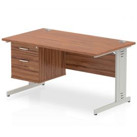 Impulse 1400 x 800mm Straight Desk Walnut Top Silver Cable Managed Leg with 1 x 2 Drawer Fixed Pedestal