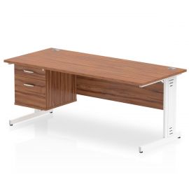 Impulse 1800 x 800mm Straight Desk Walnut Top White Cable Managed Leg 1 x 2 Drawer Fixed Pedestal
