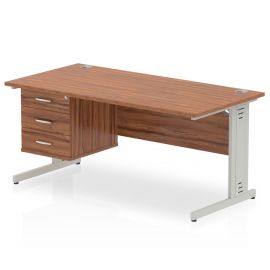 Impulse 1600 x 800mm Straight Desk Walnut Top Silver Cable Managed Leg 1 x 3 Drawer Fixed Pedestal