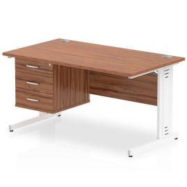 Impulse 1400 x 800mm Straight Desk Walnut Top White Cable Managed Leg with 1 x 3 Drawer Fixed Pedestal