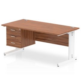 Impulse 1600 x 800mm Straight Desk Walnut Top White Cable Managed Leg 1 x 3 Drawer Fixed Pedestal