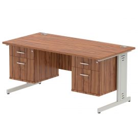 Impulse 1600 x 800mm Straight Desk Walnut Top Silver Cable Managed Leg 2 x 2 Drawer Fixed Pedestal