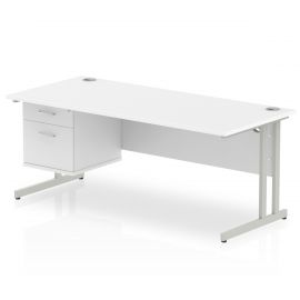 Impulse 1800 x 800mm Straight Desk White Top Silver Cantilever Leg 1 x 2 Drawer Fixed Pedestal