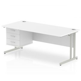 Impulse 1800 x 800mm Straight Desk White Top Silver Cantilever Leg 1 x 3 Drawer Fixed Pedestal