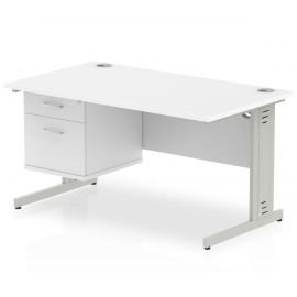 Impulse 1400 x 800mm Straight Desk White Top Silver Cable Managed Leg with 1 x 2 Drawer Fixed Pedestal