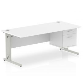 Impulse 1800 x 800mm Straight Desk White Top Silver Cable Managed Leg 1 x 2 Drawer Fixed Pedestal
