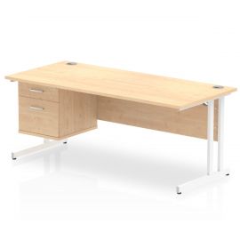 Impulse 1800 x 800mm Straight Desk Maple Top White Cantilever Leg 1 x 2 Drawer Fixed Pedestal